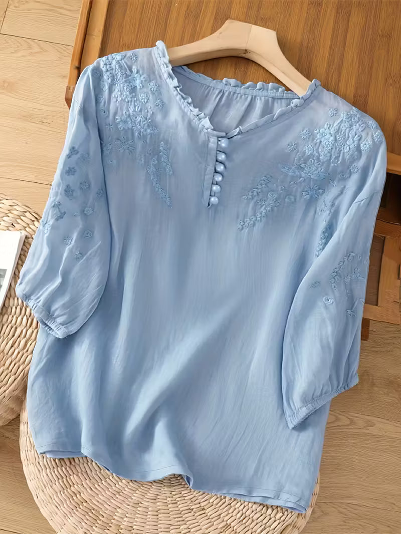 Lily™ | Embroidered Blouse In Mixed Linen