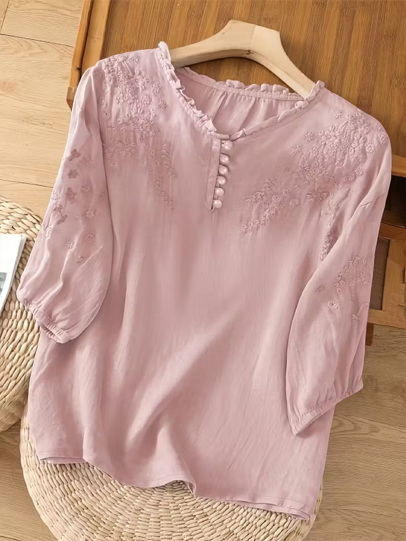 Lily™ | Embroidered Blouse In Mixed Linen