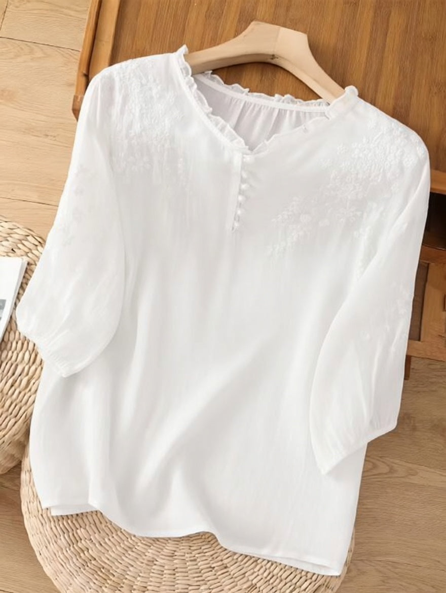 Lily™ | Embroidered Blouse In Mixed Linen