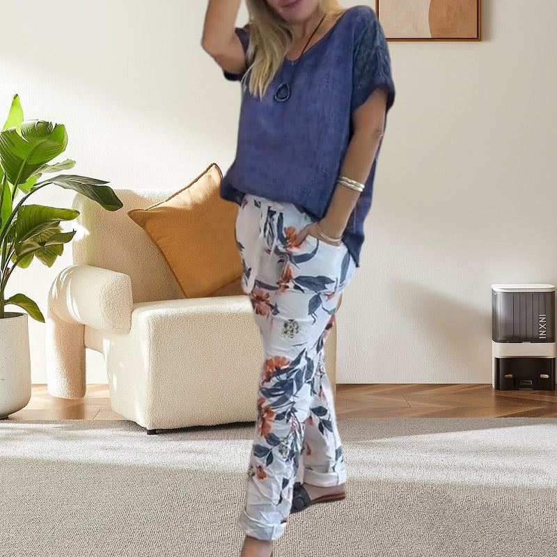 Evelyn™ | Solid Blouse And Casual Floral Print Pants